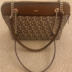 DKNY Tan and Brown Monogram Shoulder Bag
